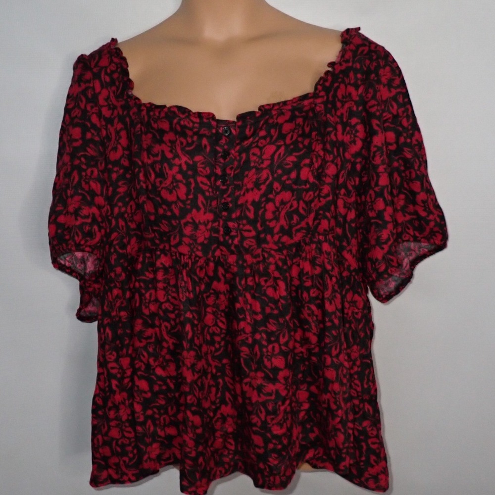 Torrid Women's Red Black Floral Babydoll Ruffle Blouse Top Size 4 Plus 4X 26 new